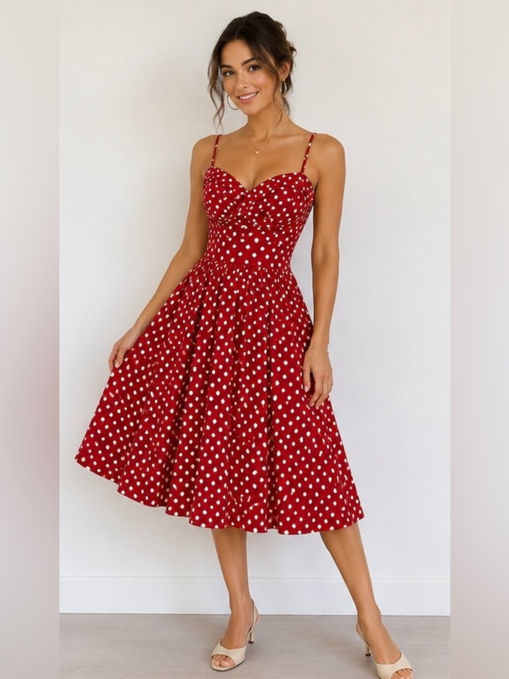 Stop Staring! 1950s Retro Red Polka Dot Swing Dress Size L 🍒 ❤️